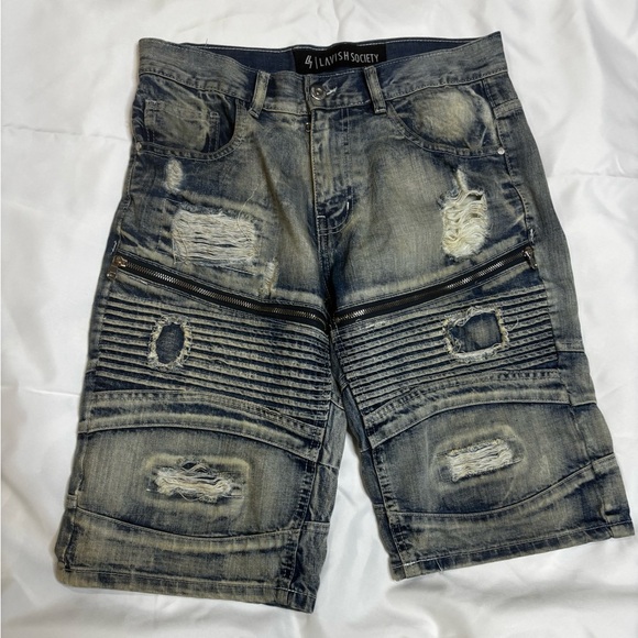 Lavish Society Denim Distressed & Zip Patchwork Denim Short SZ 32 - Picture 1 of 4